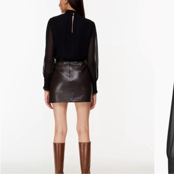 Aritzia Wilfred Valencia Blouse Mock Neck Puff Sleeves Smocking Semi-Sheer Black - Picture 2 of 10